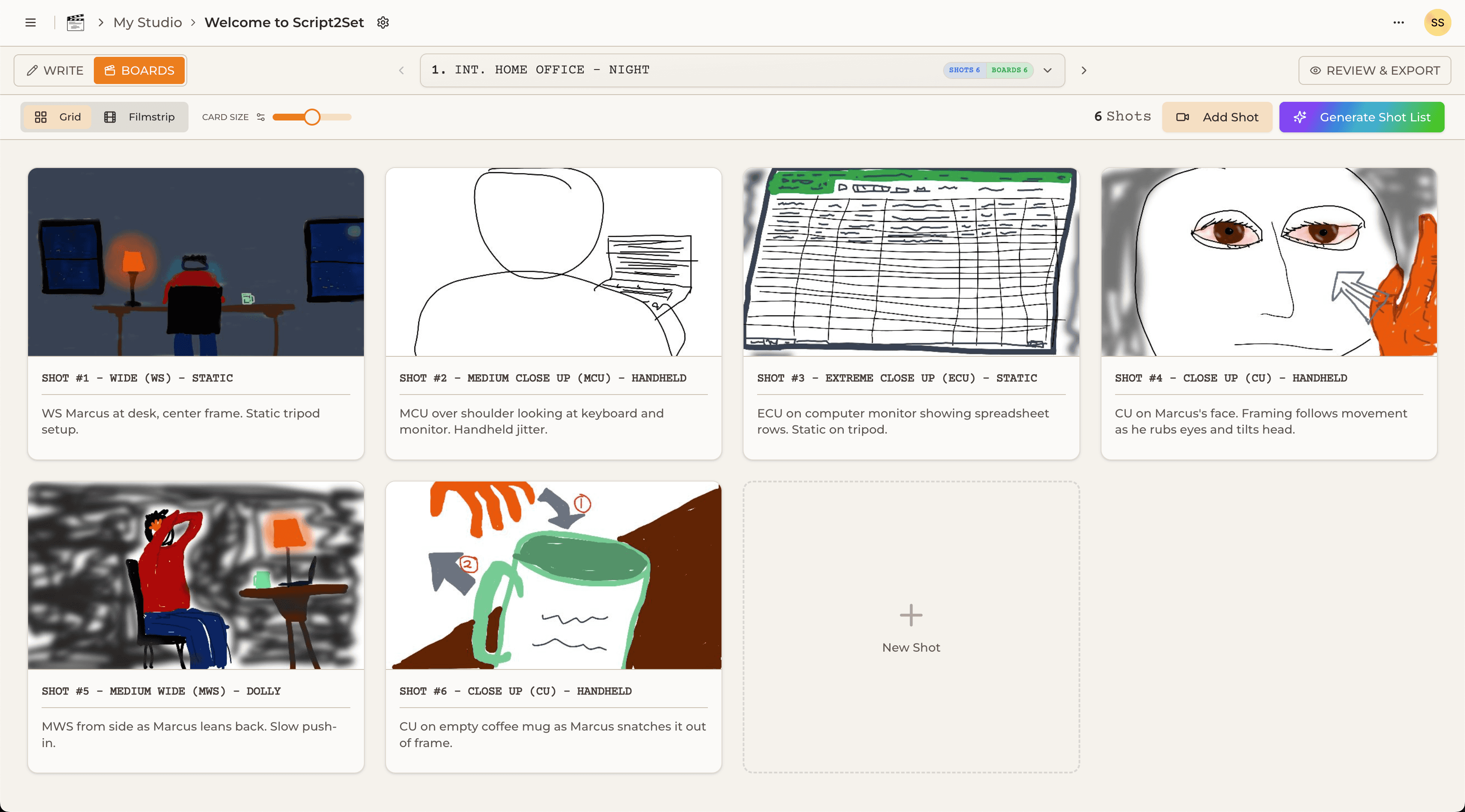 Script2Set storyboard grid view showing shot cards with sketches