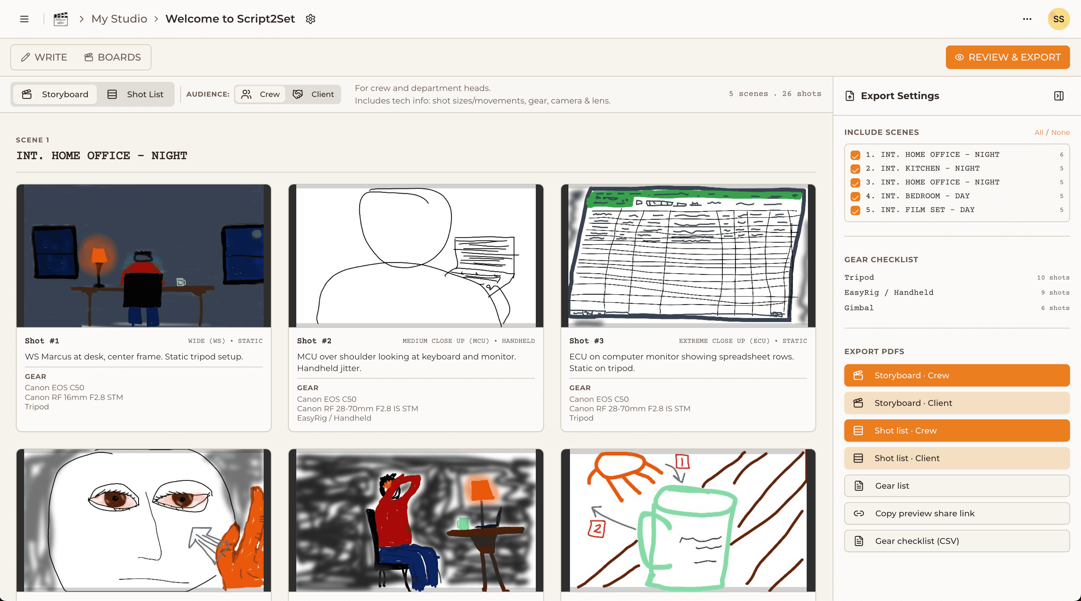 Script2Set export panel showing storyboard and shot list PDF options