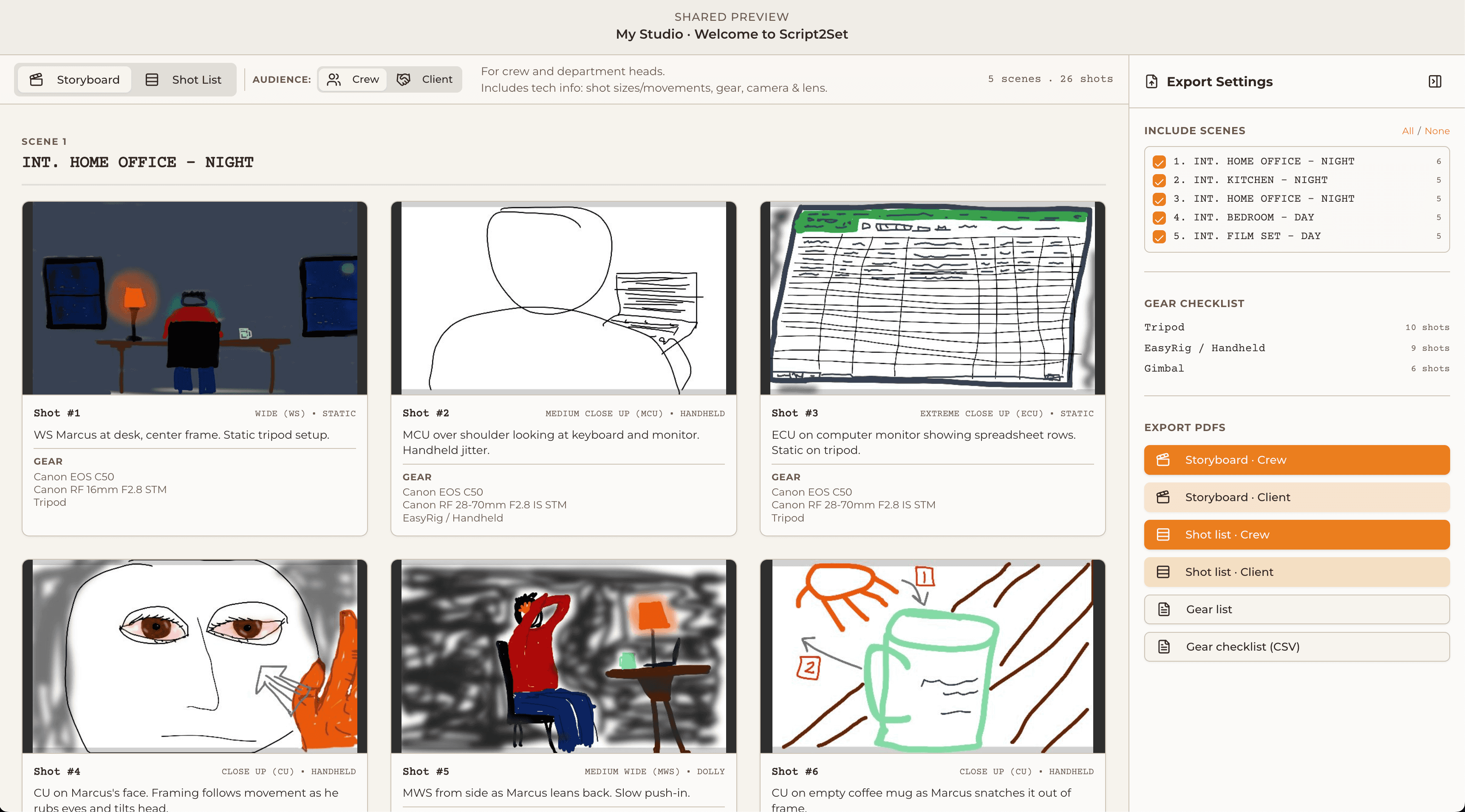 Script2Set shared preview showing the client-facing storyboard link view