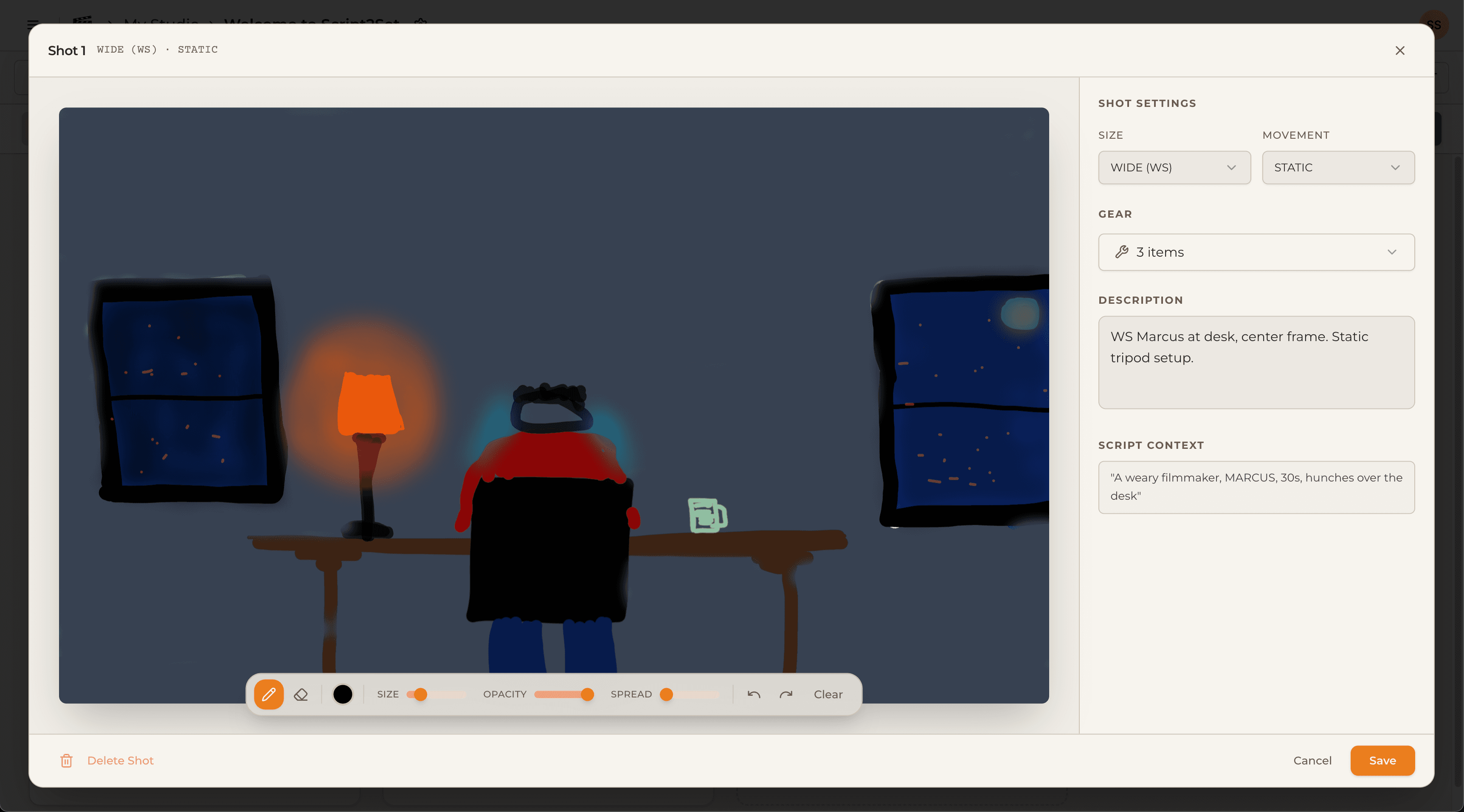 Script2Set shot edit modal with drawing canvas and shot settings