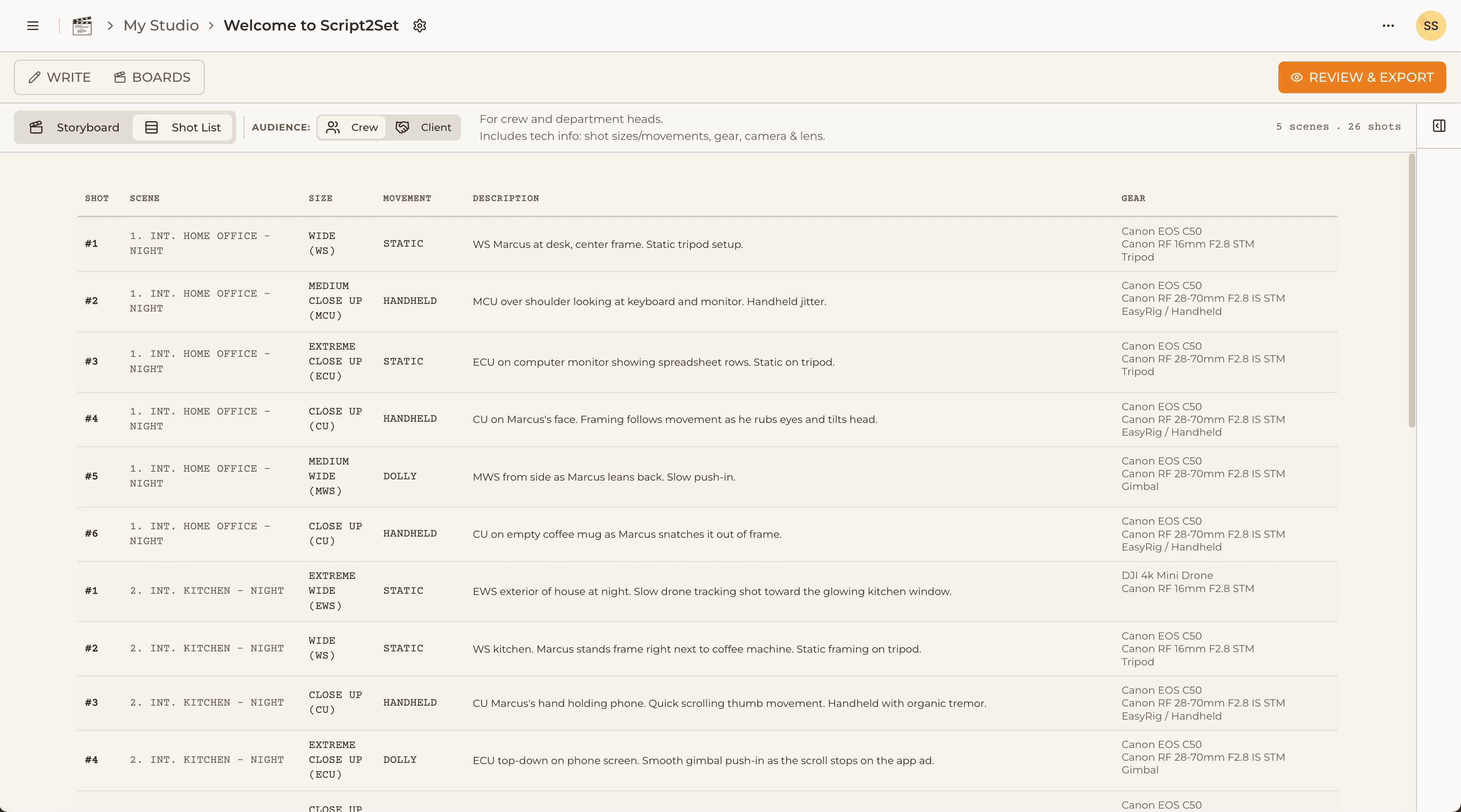 Script2Set shot list table view with scenes, shot sizes, and gear