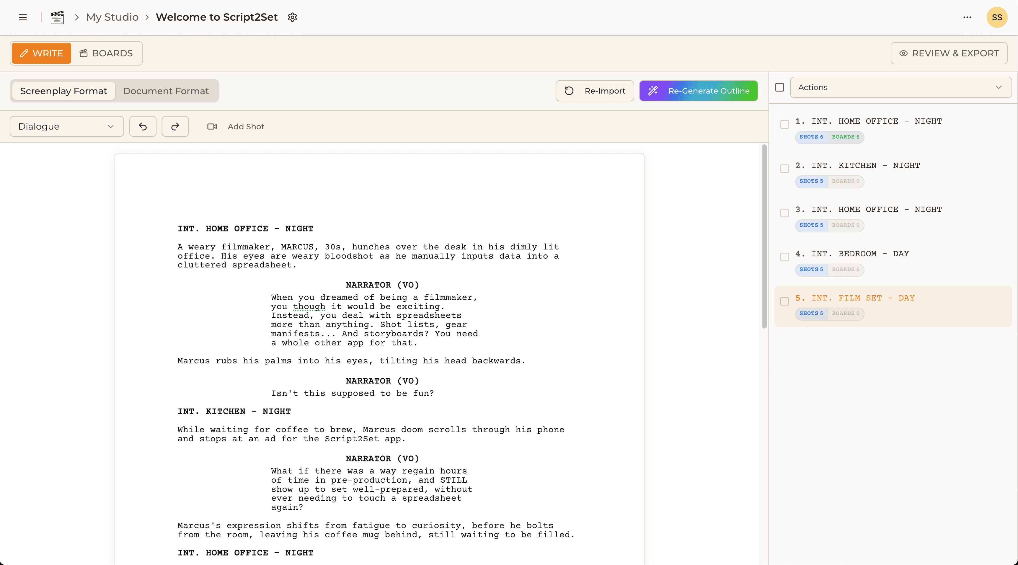 Script2Set script writing view with screenplay text